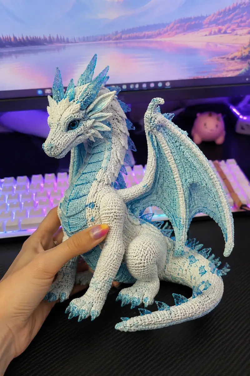 Giant Frost Ice Dragon with Crystal Blue Spikes Amigurumi Pattern crochet pattern - detailed view of completed project