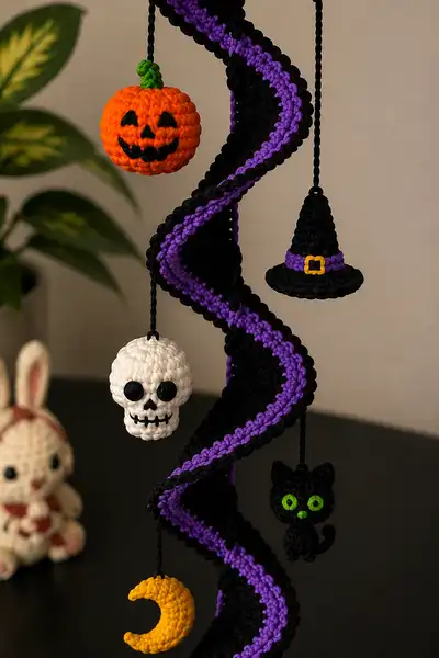 Halloween Spiral Mobile Amigurumi Pattern step 2 - assembly progress