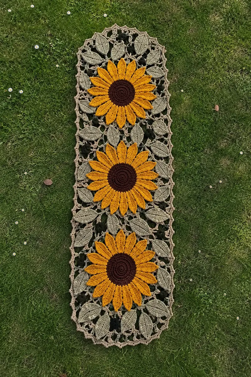 Giant Sunflower and Olive Leaf Table Runner Pattern crochet pattern - detailed view of completed project