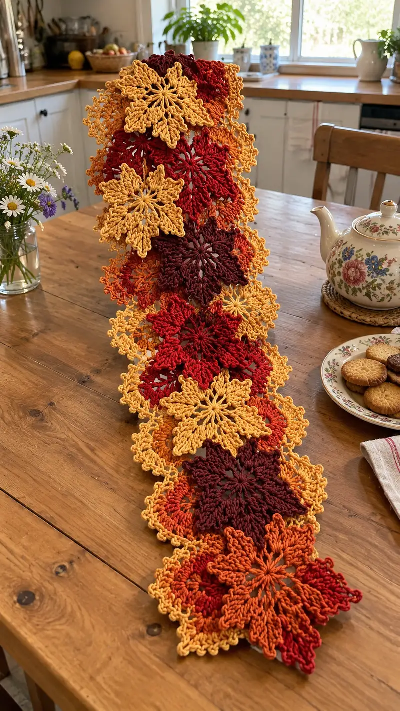 Autumn Floral Motif Table Runner Pattern crochet pattern - detailed view of completed project