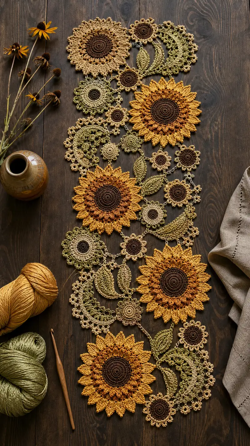 Free Advanced crochet pattern: Sunflower Wreath Motif Table Runner Pattern - Easy to follow tutorial