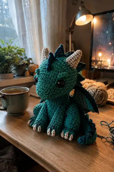Small Teal Demon Dragon with Spiky Back Amigurumi Pattern step 1 - construction progress