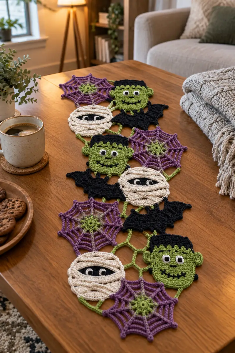 Frankenstein and Mummy Halloween Table Runner Pattern crochet pattern - detailed view of completed project