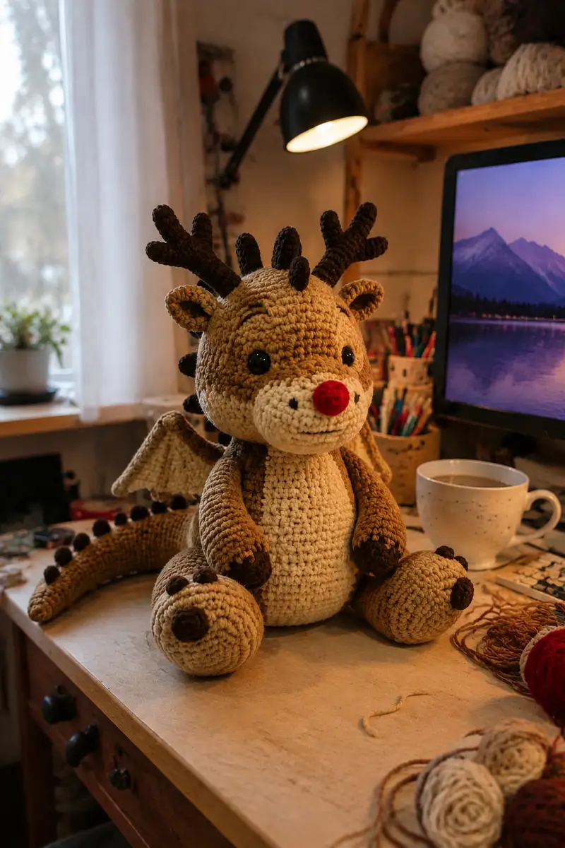Big Reindeer Dragon with Antlers and Red Nose Amigurumi Pattern crochet pattern - detailed view of completed project