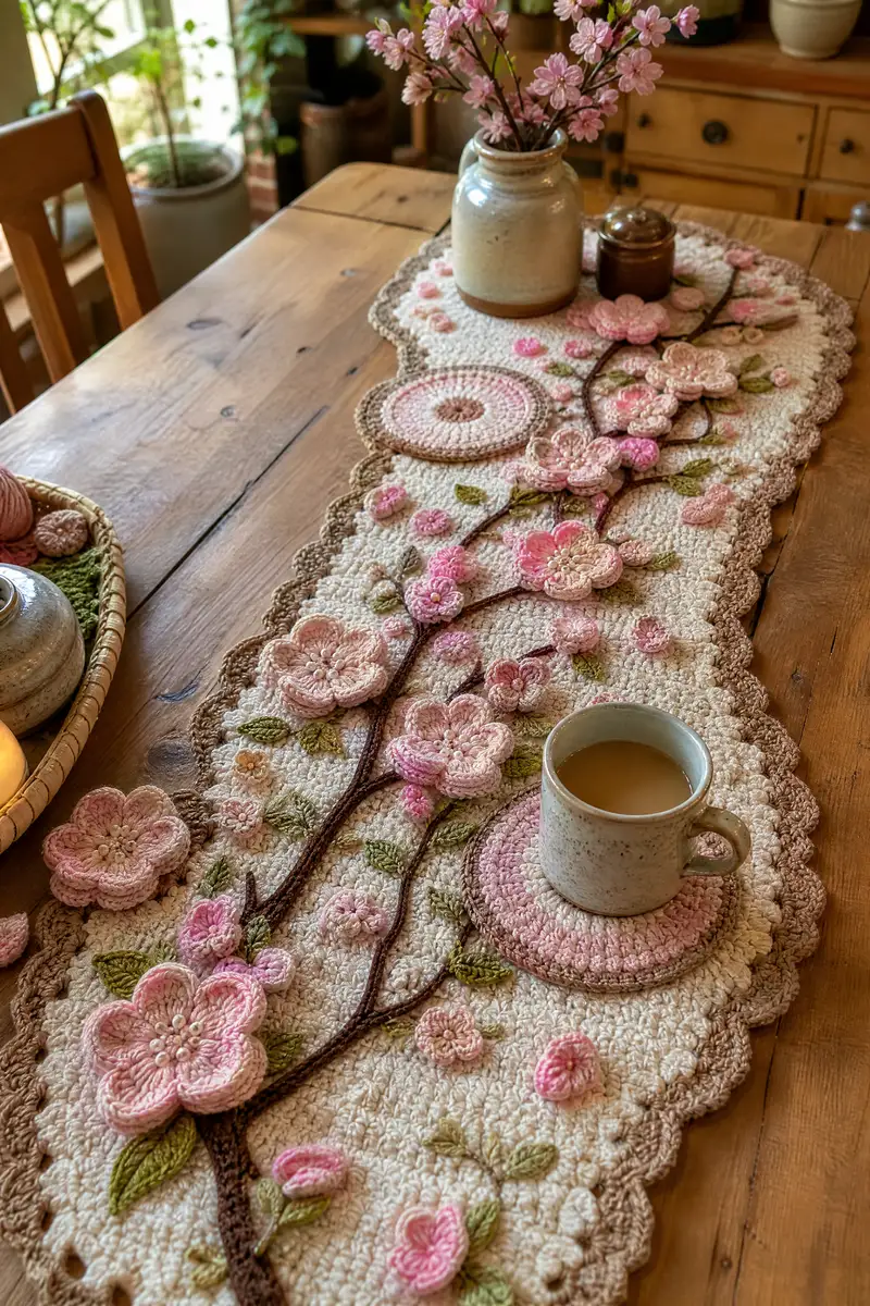Cherry Blossom Crochet Table Runner Pattern crochet pattern - detailed view of completed project