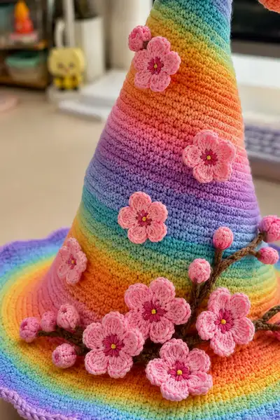 Big Pastel Rainbow Spiral Witch Hat Pattern step 2 - assembly progress