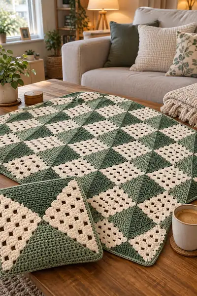 Sage Green Geometric Bedspread Pattern step 2 - assembly progress