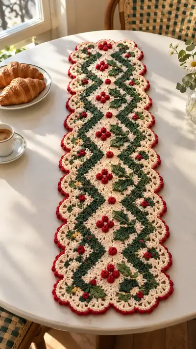 Cream And Red Holly Berry Crochet Runner Pattern step 1 - construction progress