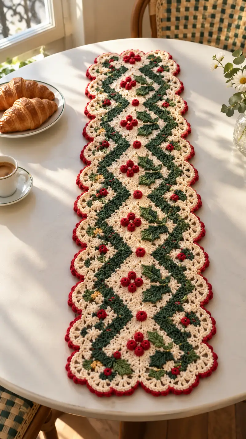 Cream And Red Holly Berry Crochet Runner Pattern crochet pattern - detailed view of completed project