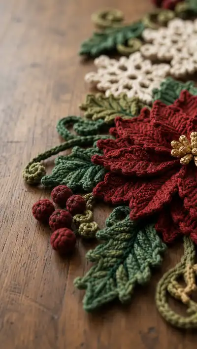 Festive Poinsettia & Snowflake Table Runner Pattern step 2 - assembly progress