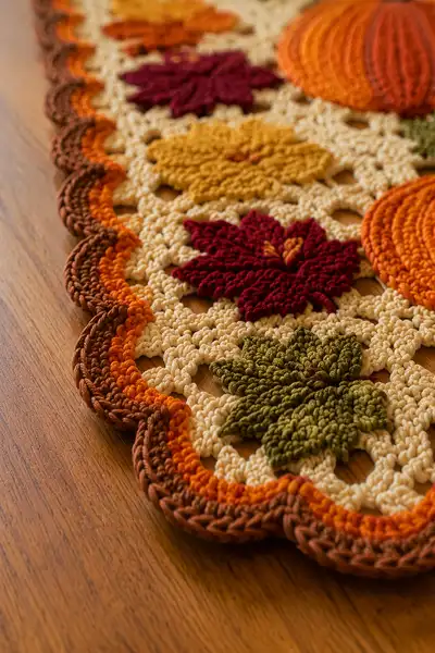 Autumn Leaves and Pumpkins Table Runner Pattern step 2 - assembly progress