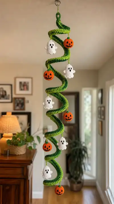 Spiraling Halloween Garland with Ghosts & Pumpkins Amigurumi Pattern step 1 - construction progress
