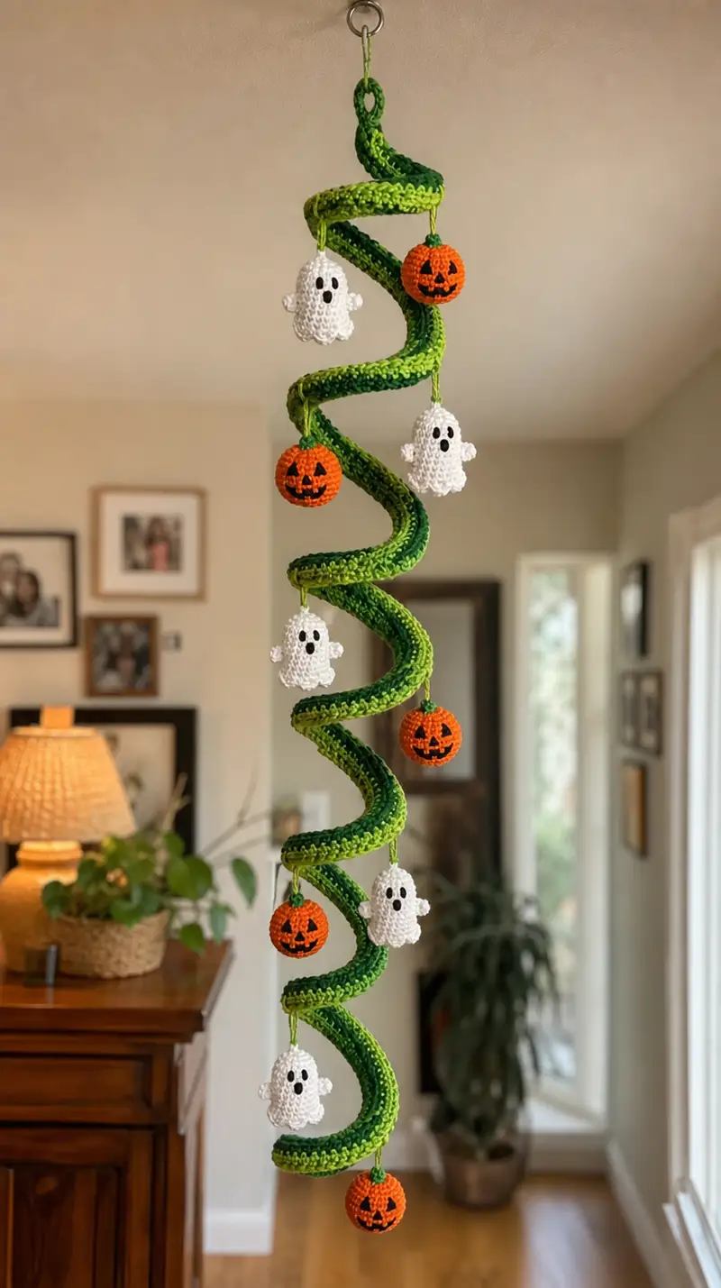 Free crochet pattern: Spiraling Halloween Garland with Ghosts & Pumpkins Amigurumi Pattern - Intermediate level tutorial