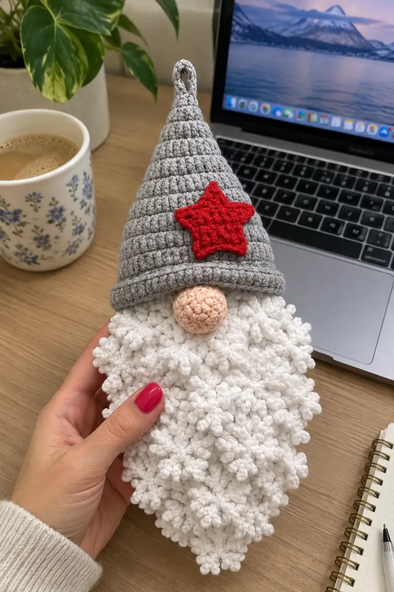 Cozy Gnome with Puffy Beard Amigurumi Pattern crochet pattern - detailed view of completed project