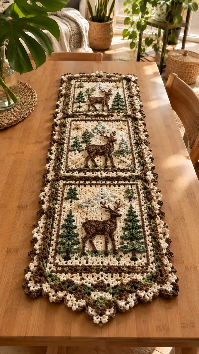 Brown Cream Deer Forest Table Runner Pattern crochet pattern - detailed view of completed project