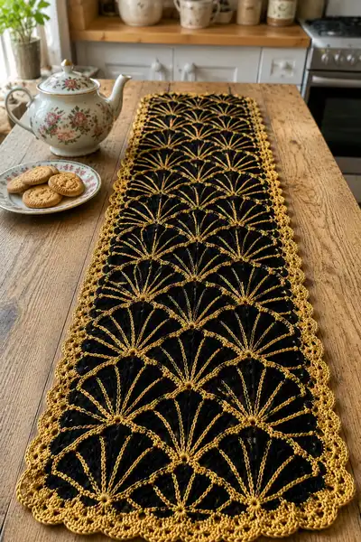 Art Deco Fan Motif Table Runner in Black and Gold Pattern step 1 - construction progress