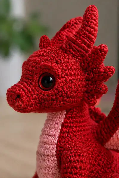 Big Rose Red Dragon with Heart-Shaped Wings Amigurumi Pattern step 2 - assembly progress