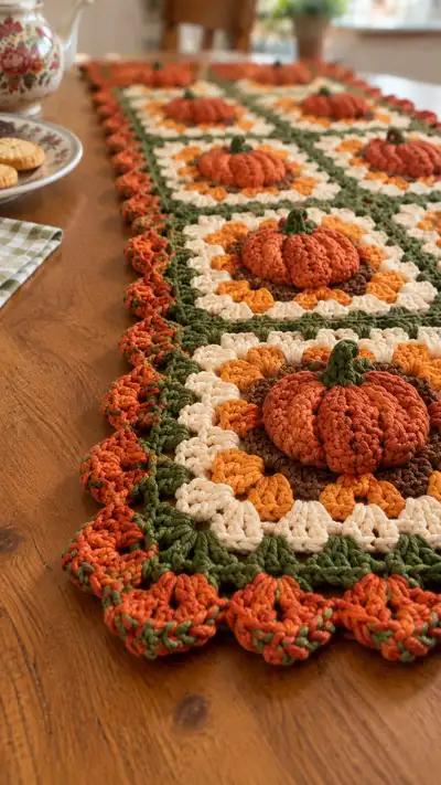 Pumpkin Granny Square Table Runner Pattern step 2 - assembly progress