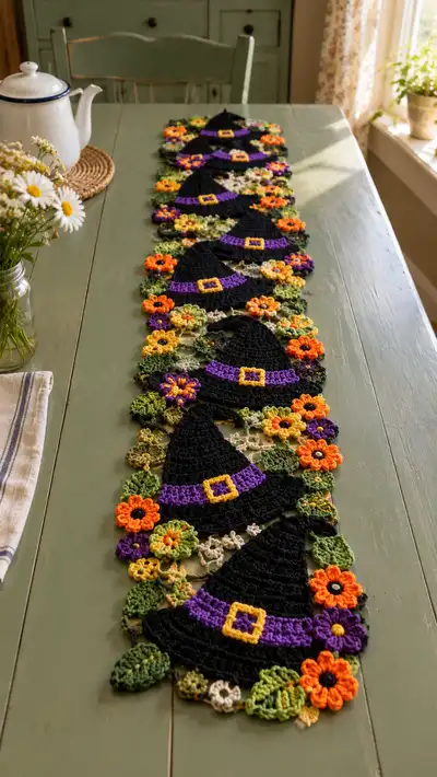 Black Purple Witch Hat Floral Table Runner Pattern step 1 - construction progress