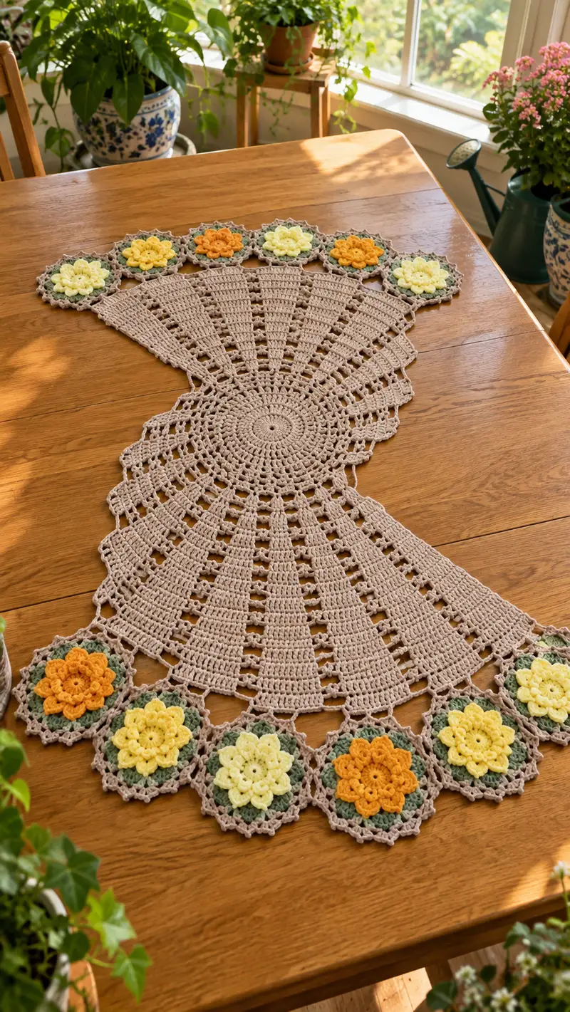 Sunburst Floral Table Runner Pattern crochet pattern - detailed view of completed project