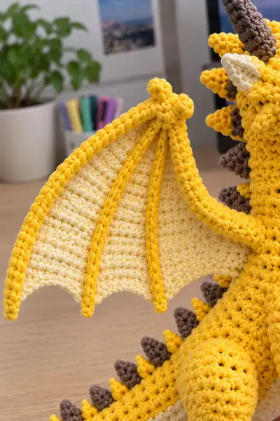 Golden Baby Dragon Amigurumi Pattern step 2 - assembly progress