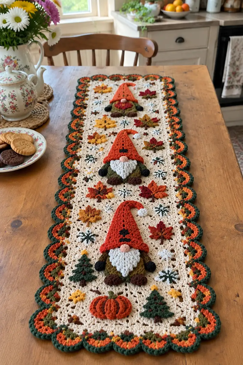 Autumn Gnome Table Runner Pattern crochet pattern - detailed view of completed project