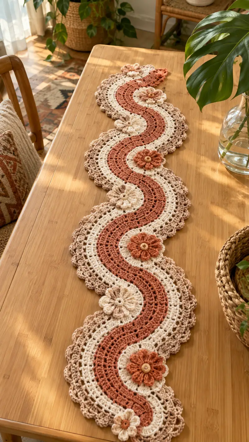 Terracotta Cream Wavy Daisy Table Runner Pattern crochet pattern - detailed view of completed project