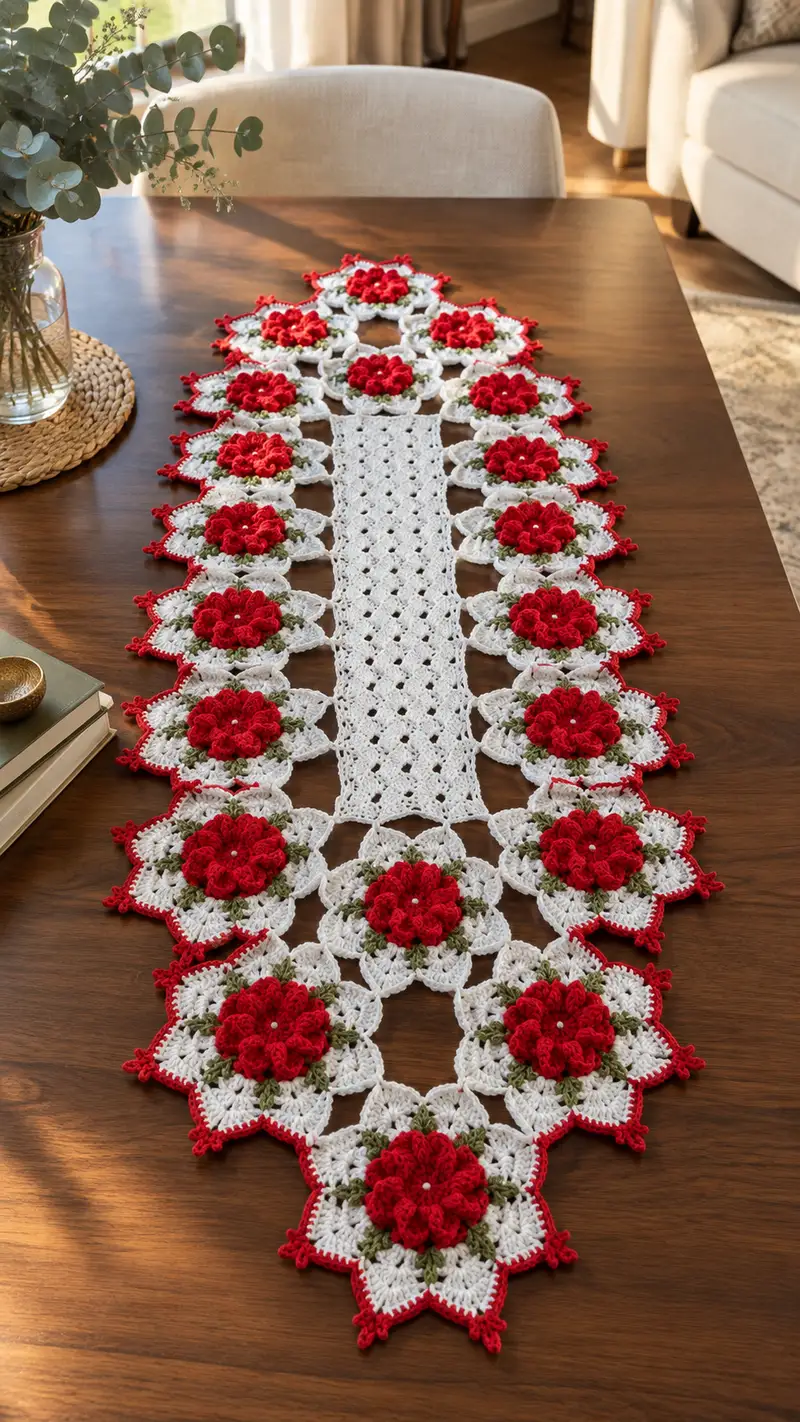 Festive Rosette Table Runner Pattern crochet pattern - detailed view of completed project