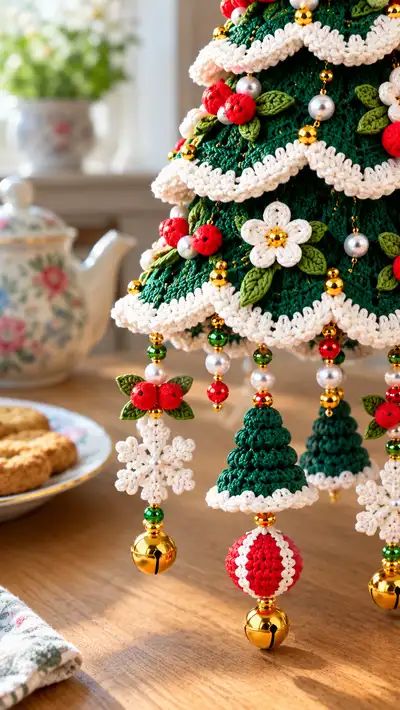 Festive Scalloped Christmas Tree Ornament Pattern step 2 - assembly progress