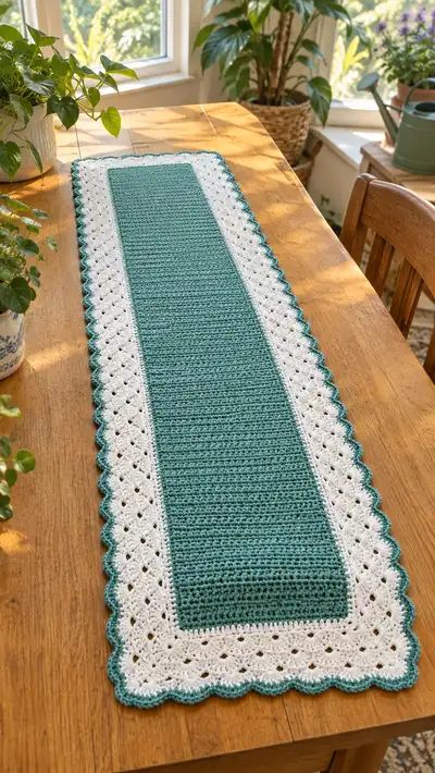Teal and White Crochet Table Runner Pattern step 1 - construction progress