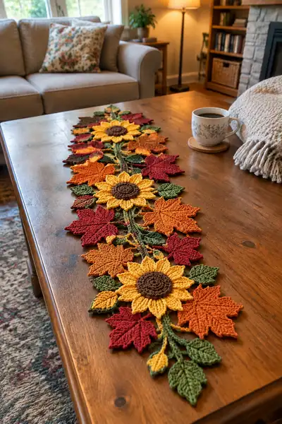 Fancy Detached Maple Leaf and Sunflower Table Runner with Braided Vine Spine Pattern step 1 - construction progress