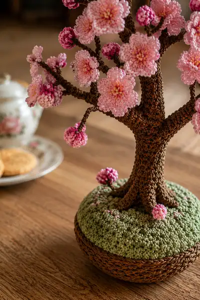 Cherry Blossom Branch Crochet Bouquet Pattern step 2 - assembly progress