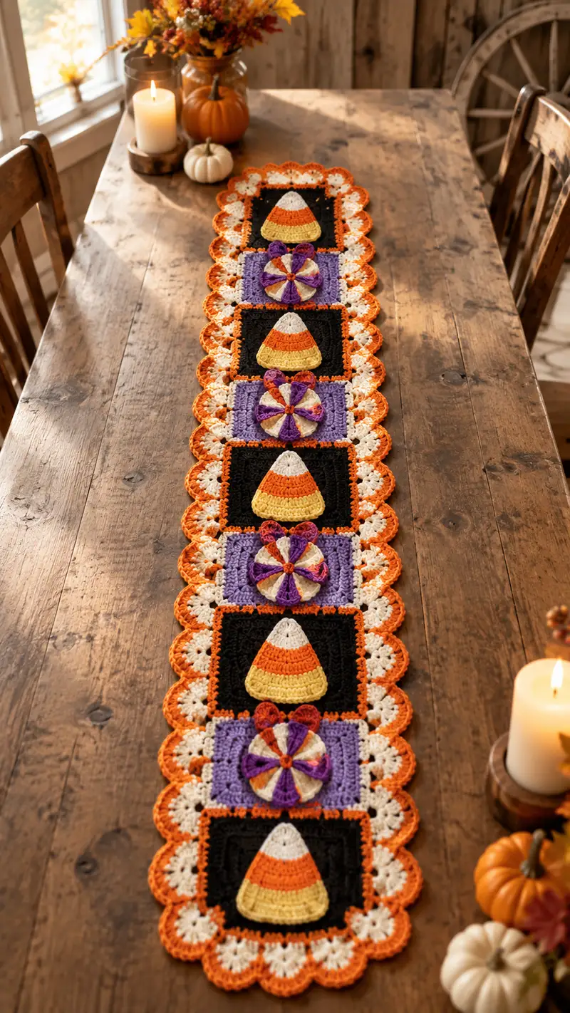 Festive Candy Corn Table Runner Pattern crochet pattern - detailed view of completed project