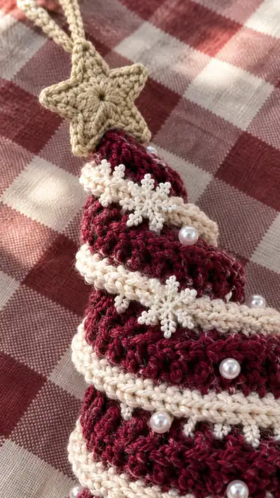 Spiral Ruffle Christmas Tree Ornament Pattern step 2 - assembly progress