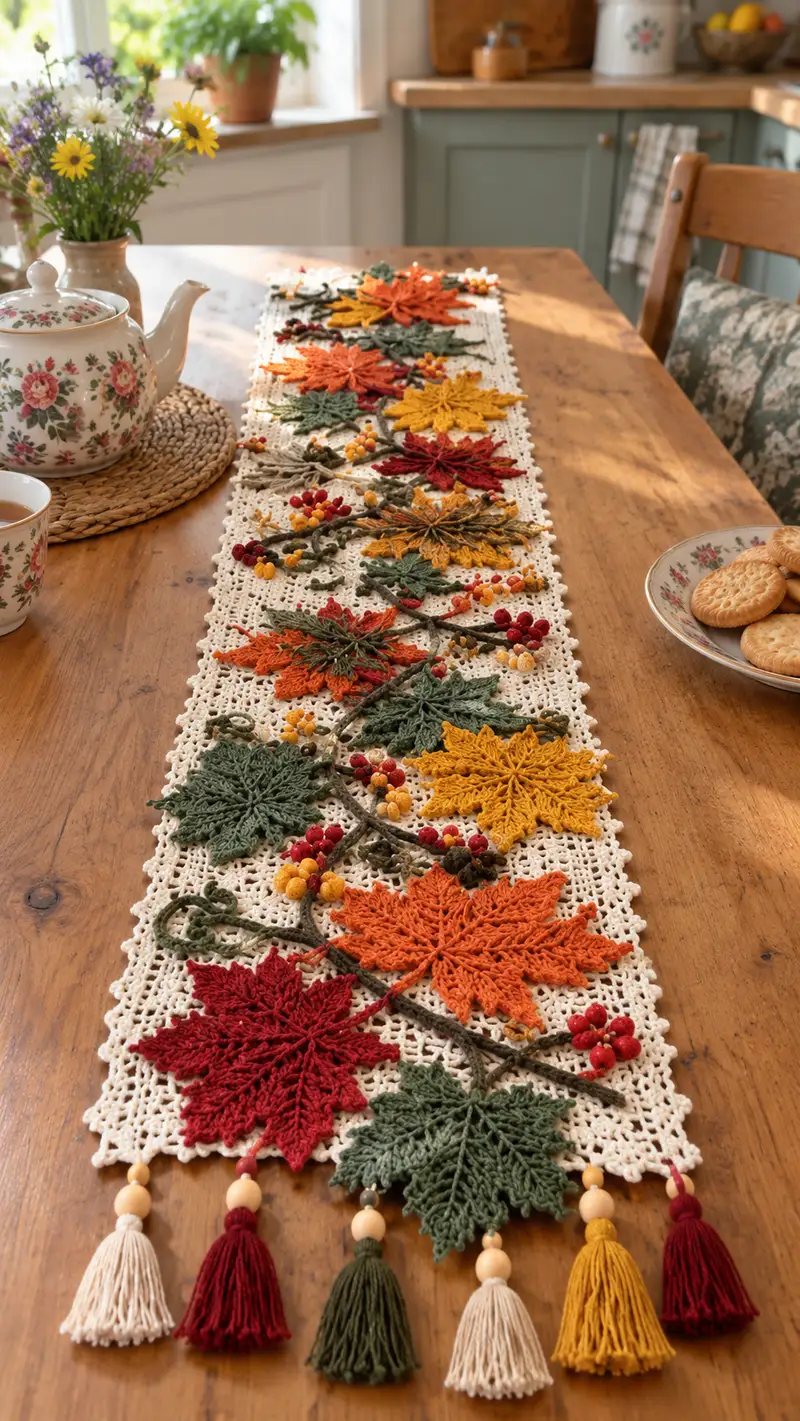 Autumn Leaves Table Runner Pattern crochet pattern - detailed view of completed project