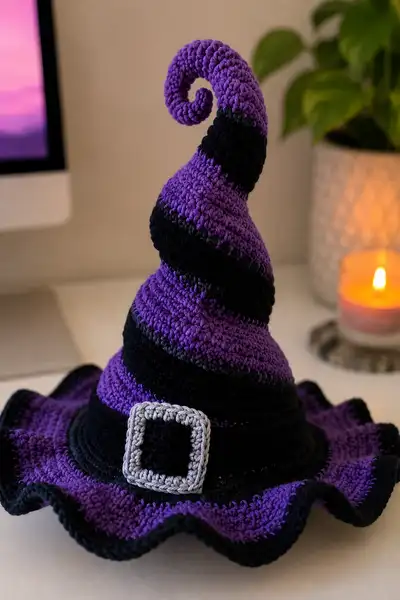 Spiral Spooky Witch Hat Amigurumi Pattern step 2 - assembly progress