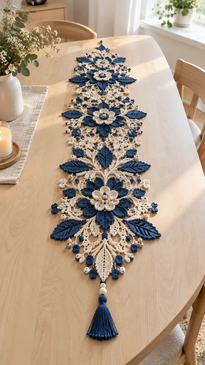 Elegant Floral Lace Table Runner Pattern crochet pattern - detailed view of completed project
