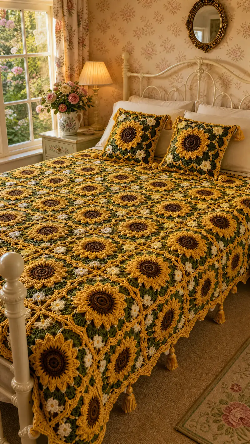 Sunflower Daisy Granny Bedspread Pattern crochet pattern - detailed view of completed project