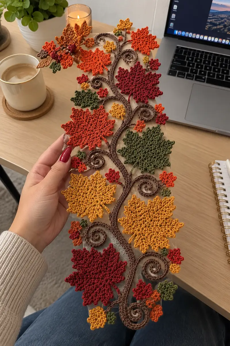 Autumn Maple Vine Applique Pattern crochet pattern - detailed view of completed project