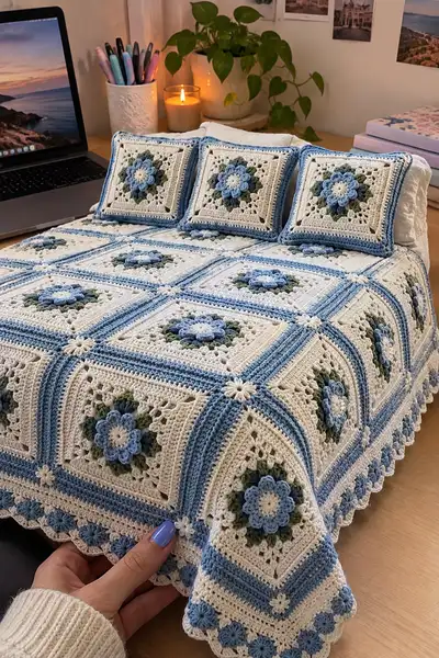 Soft Blue Blossom Bedspread Pattern step 1 - construction progress