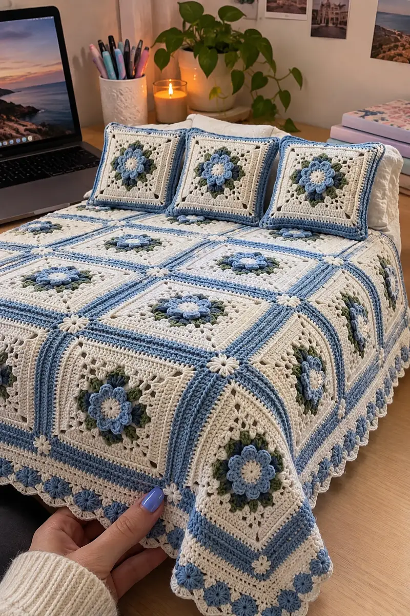 Soft Blue Blossom Bedspread Pattern crochet pattern - detailed view of completed project
