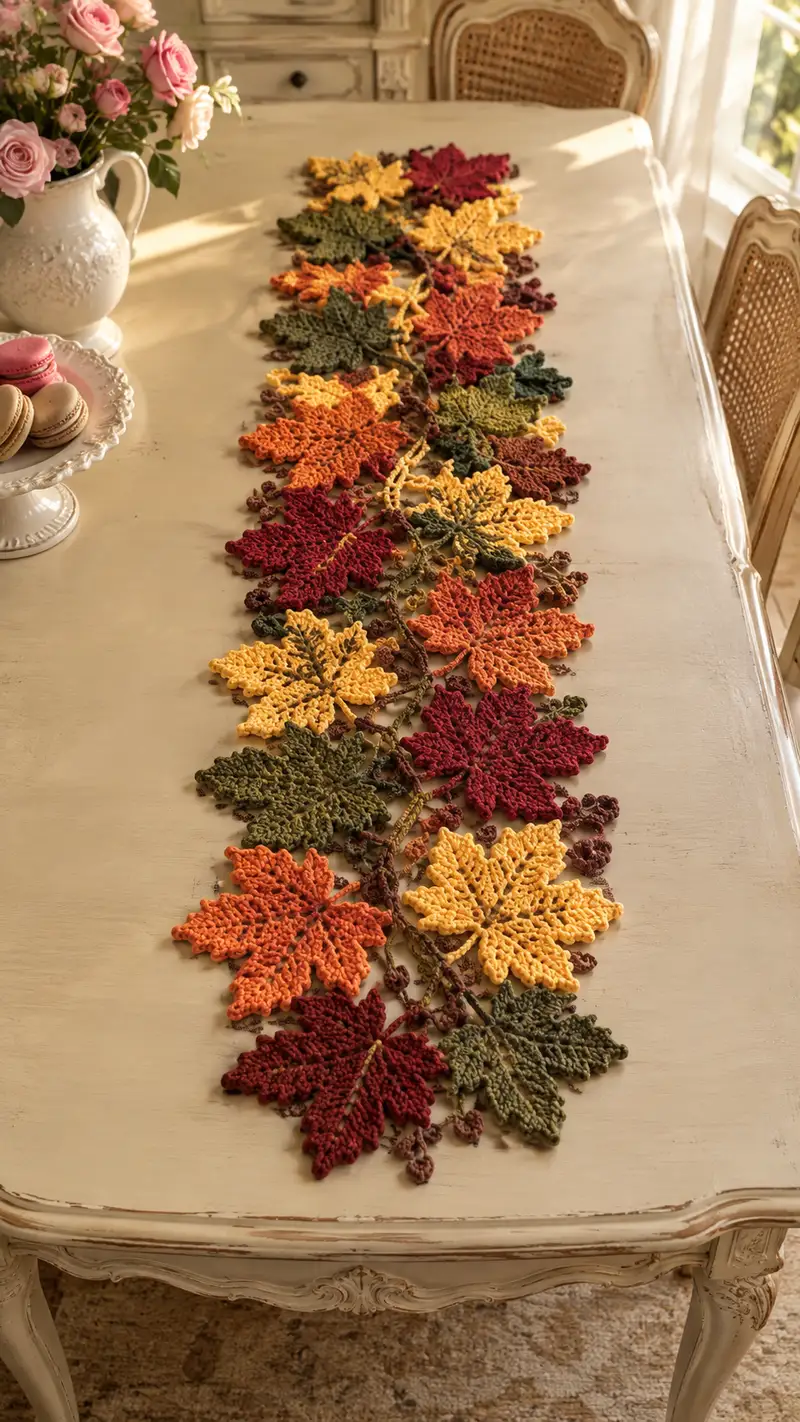 Autumn Maple Leaves Burgundy Mustard Table Runner Pattern crochet pattern - detailed view of completed project