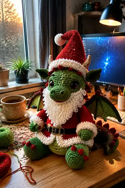 Big Santa Dragon with Red Hat and Fluffy Beard Amigurumi Pattern step 1 - construction progress