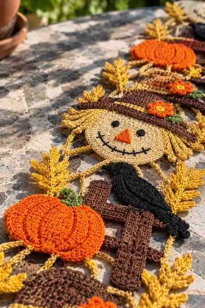 Crow and Scarecrow Halloween Table Runner Pattern step 2 - assembly progress