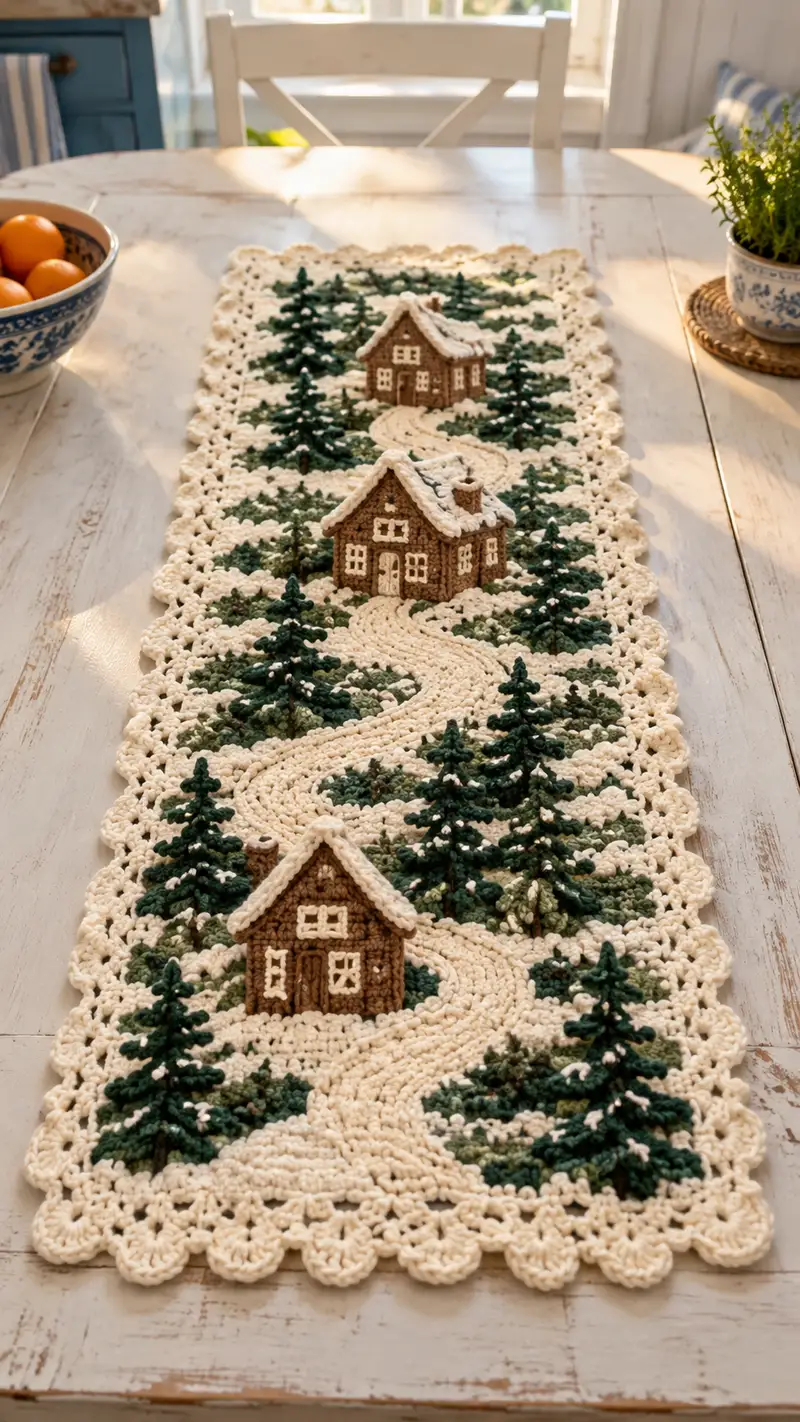 Cream And Forest Green Cabin Path Table Runner Pattern crochet pattern - detailed view of completed project