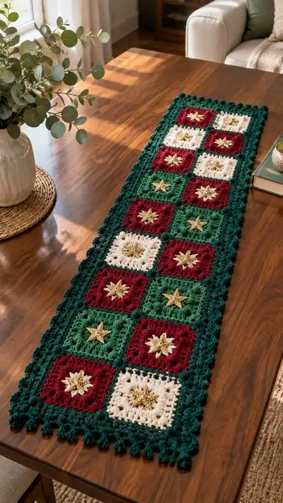 Festive Granny Square Table Runner Pattern step 1 - construction progress