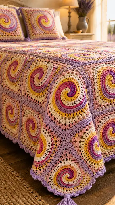 Sunburst Spiral Granny Square Bedspread Pattern step 2 - assembly progress