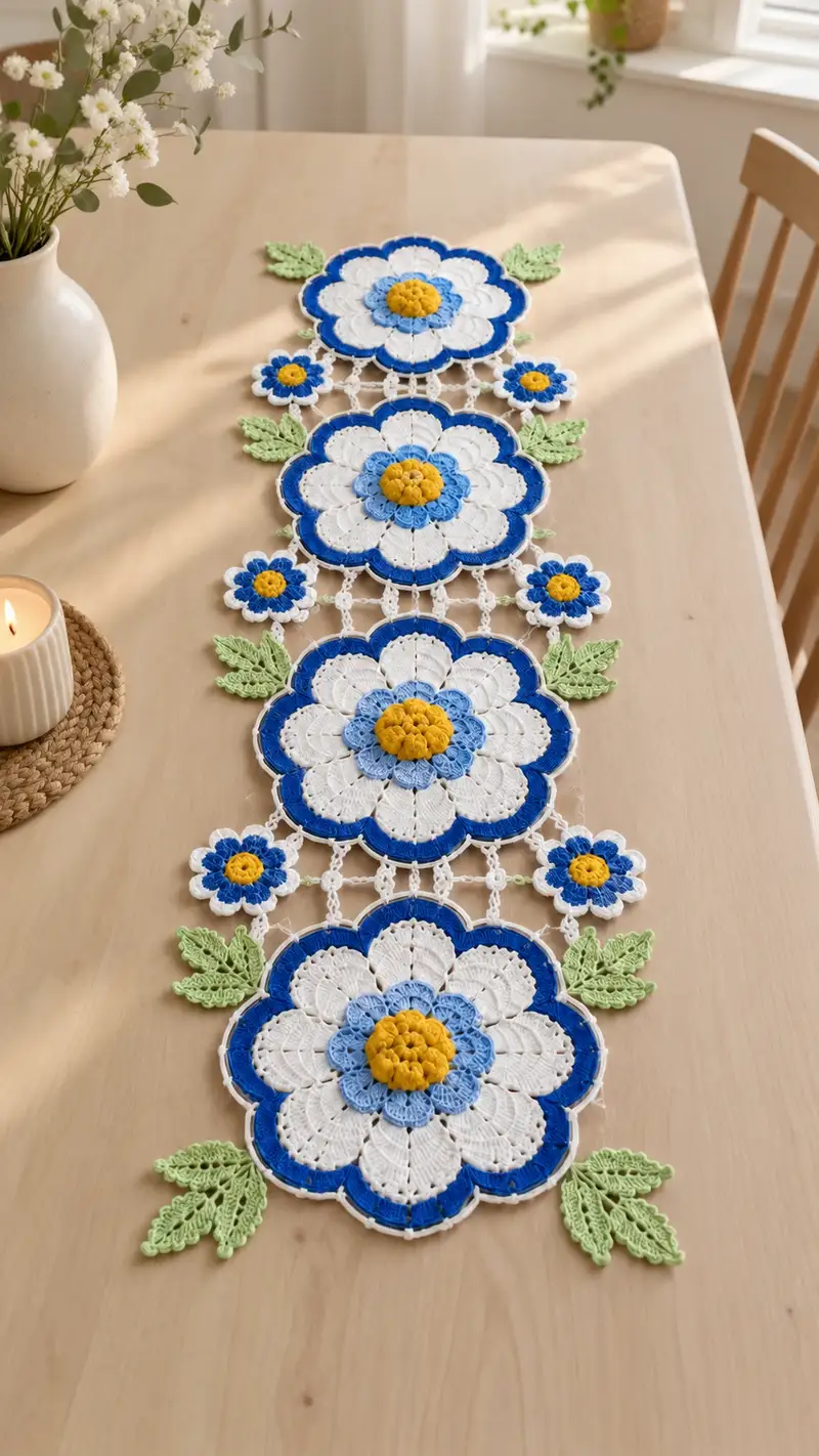 Blue and White Floral Table Runner Pattern crochet pattern - detailed view of completed project