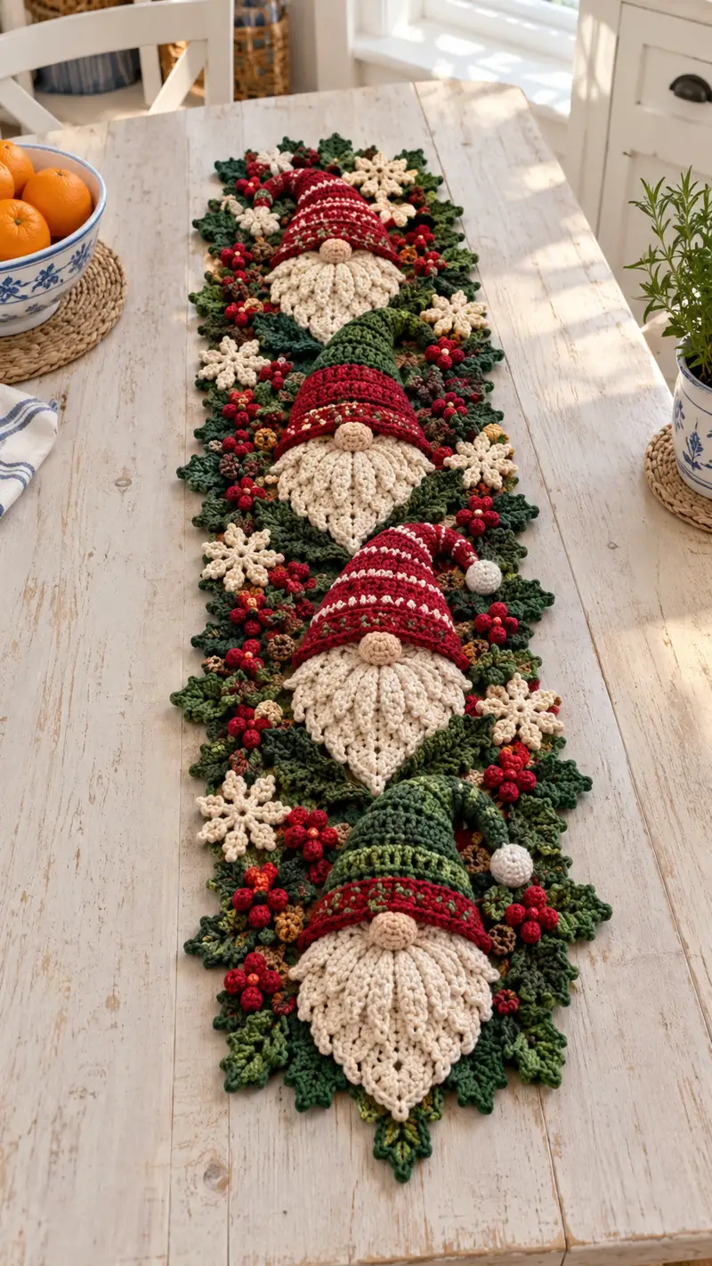 Red Green Gnome Motif Table Runner Pattern crochet pattern - detailed view of completed project