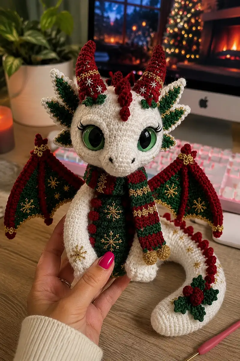 Festive Holiday Dragon Amigurumi Pattern crochet pattern - detailed view of completed project